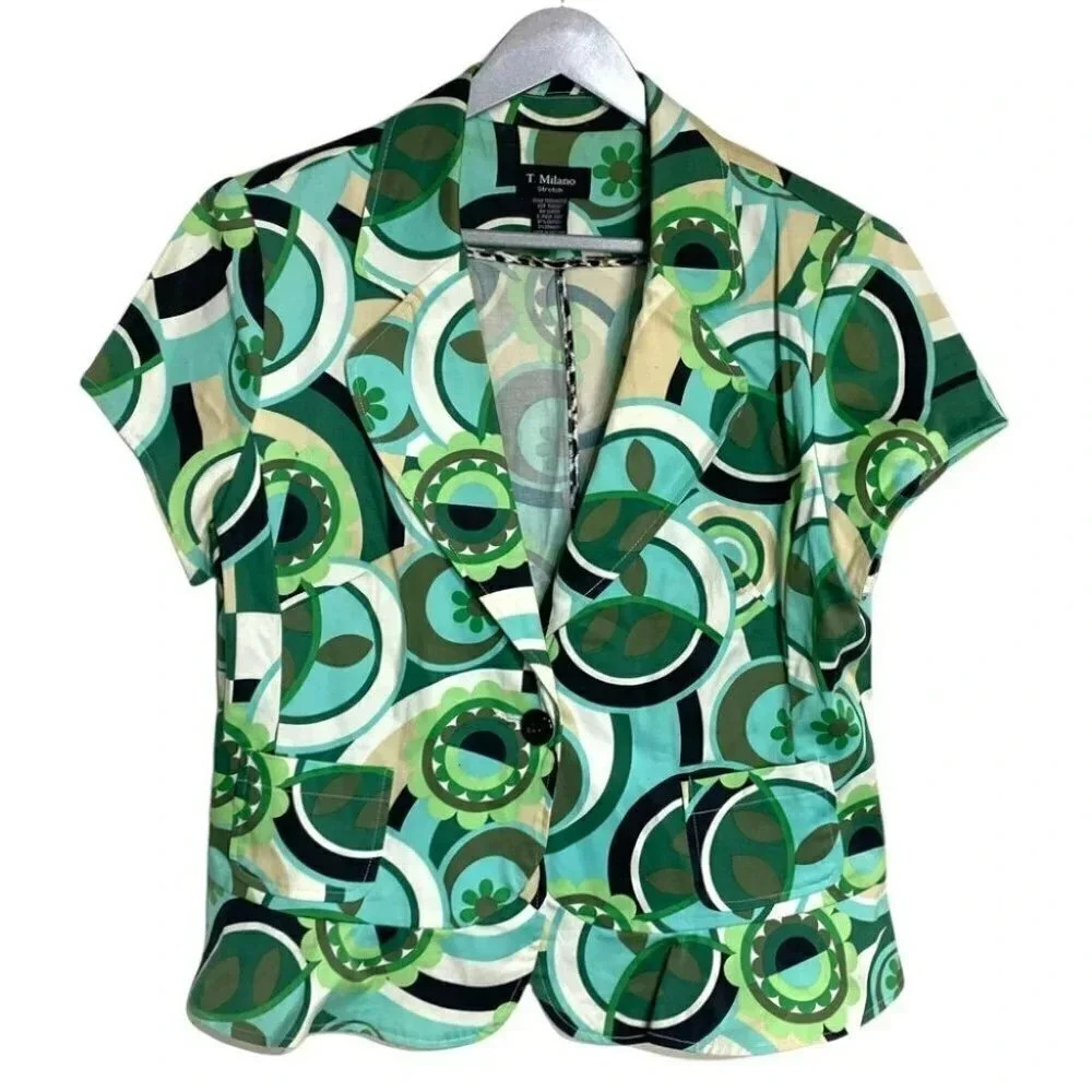 T. Milano Short Sleeve Blazer 14 Green Geometric Retro Mod Stretch Peplum Jacket